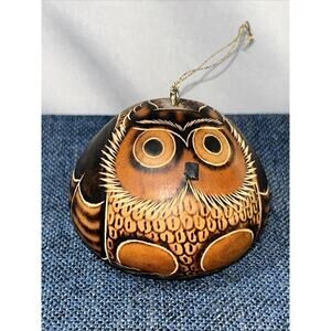 Lucuma Owl Gourd Hand Painted Ornament Rattle Figurine 2.5" Peru